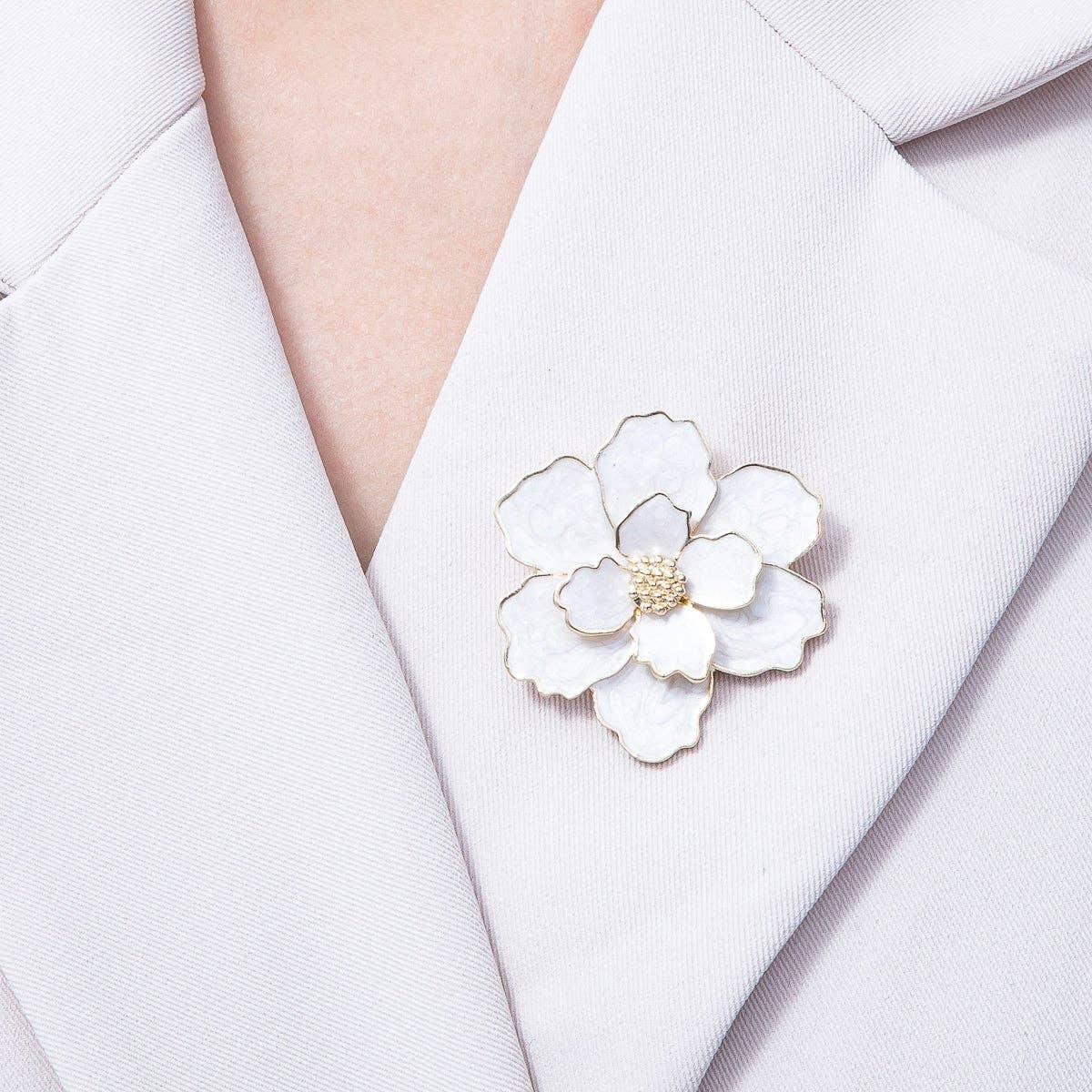 Gold 42mm x 34.5mm White Glitter Enamel Flower Pin Brooch
