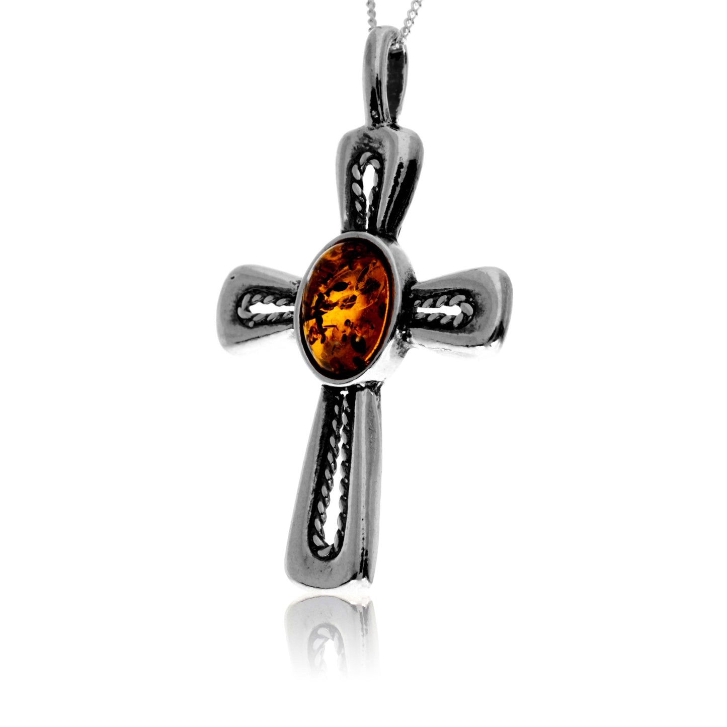925 Steling Silver & Genuine Baltic Amber Celtic Cross Pendant