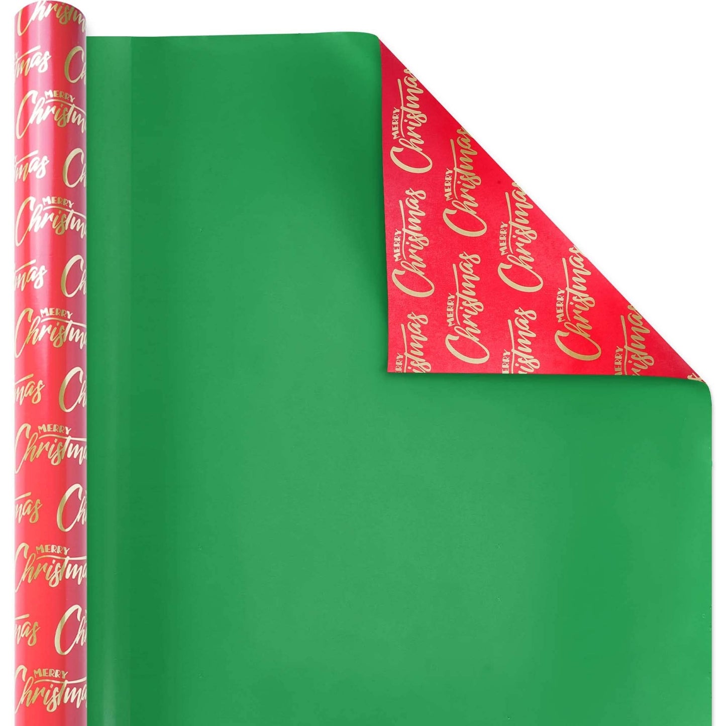 30" x 10' Reversible Holiday Wrapping Paper | Merry Christmas Red and Gold/ Green Solid
