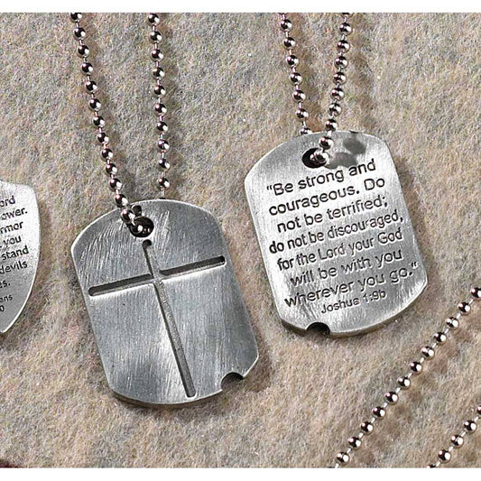 Dogtag Cross Necklace Josh 1:9B Pewter 21" Chain Sale