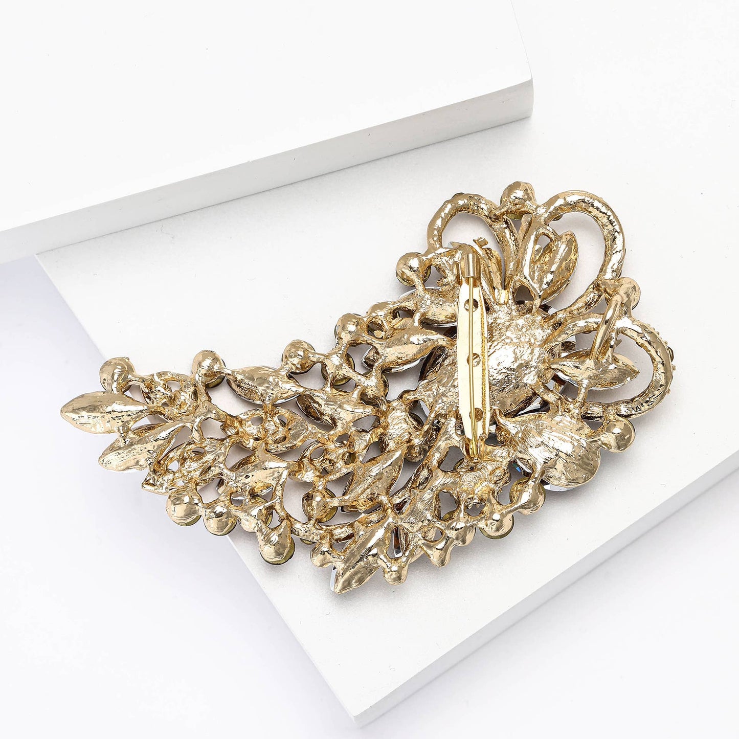 Large Rhinestone Leaf Oval Brooch Pin