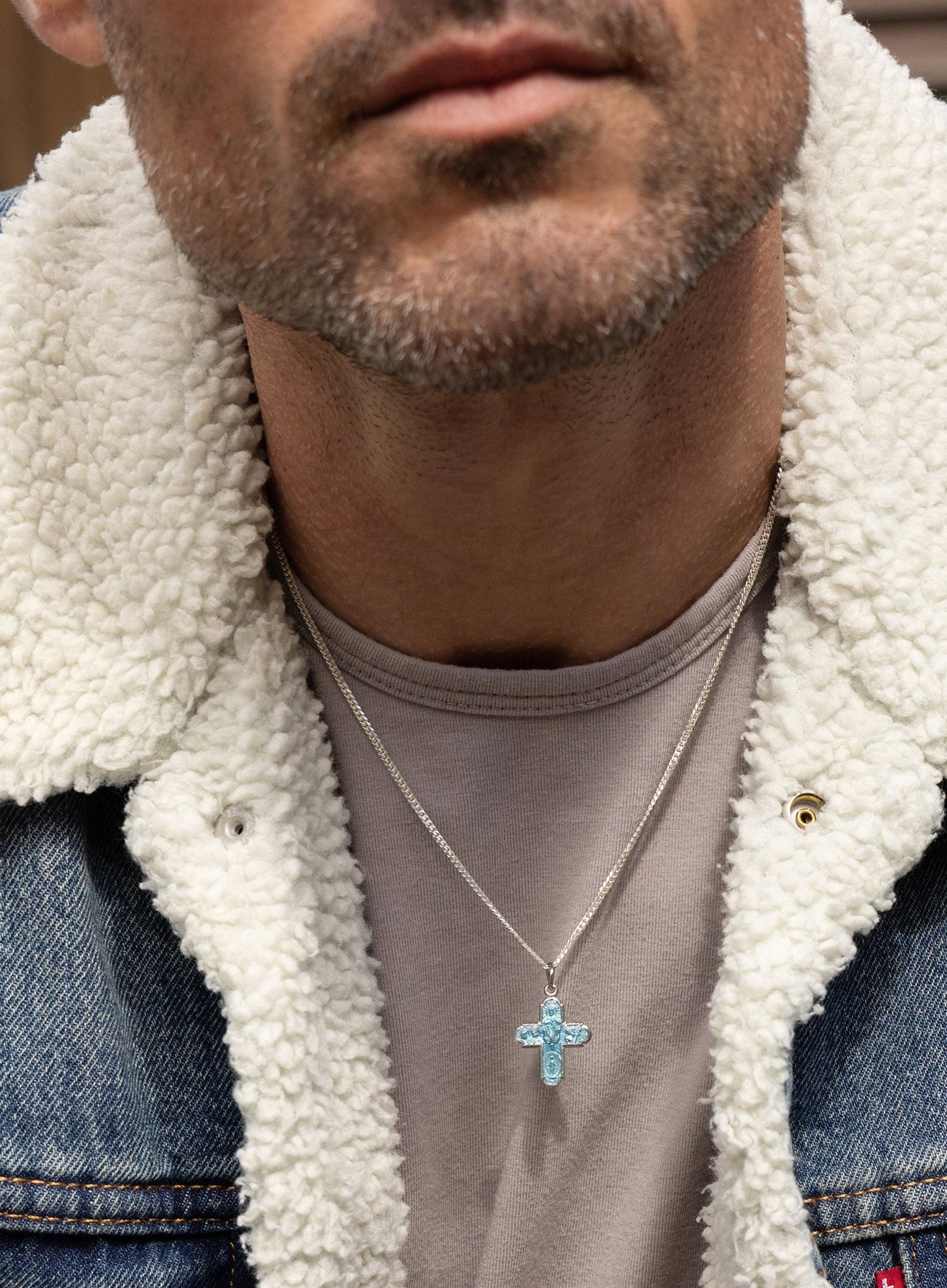 925 Sterling Silver Cross Pendant with Blue Enamel 2mm Cuban Chain