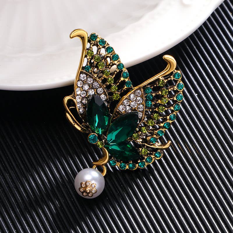 Butterfly Rhinestone Pearl Brooch Pin