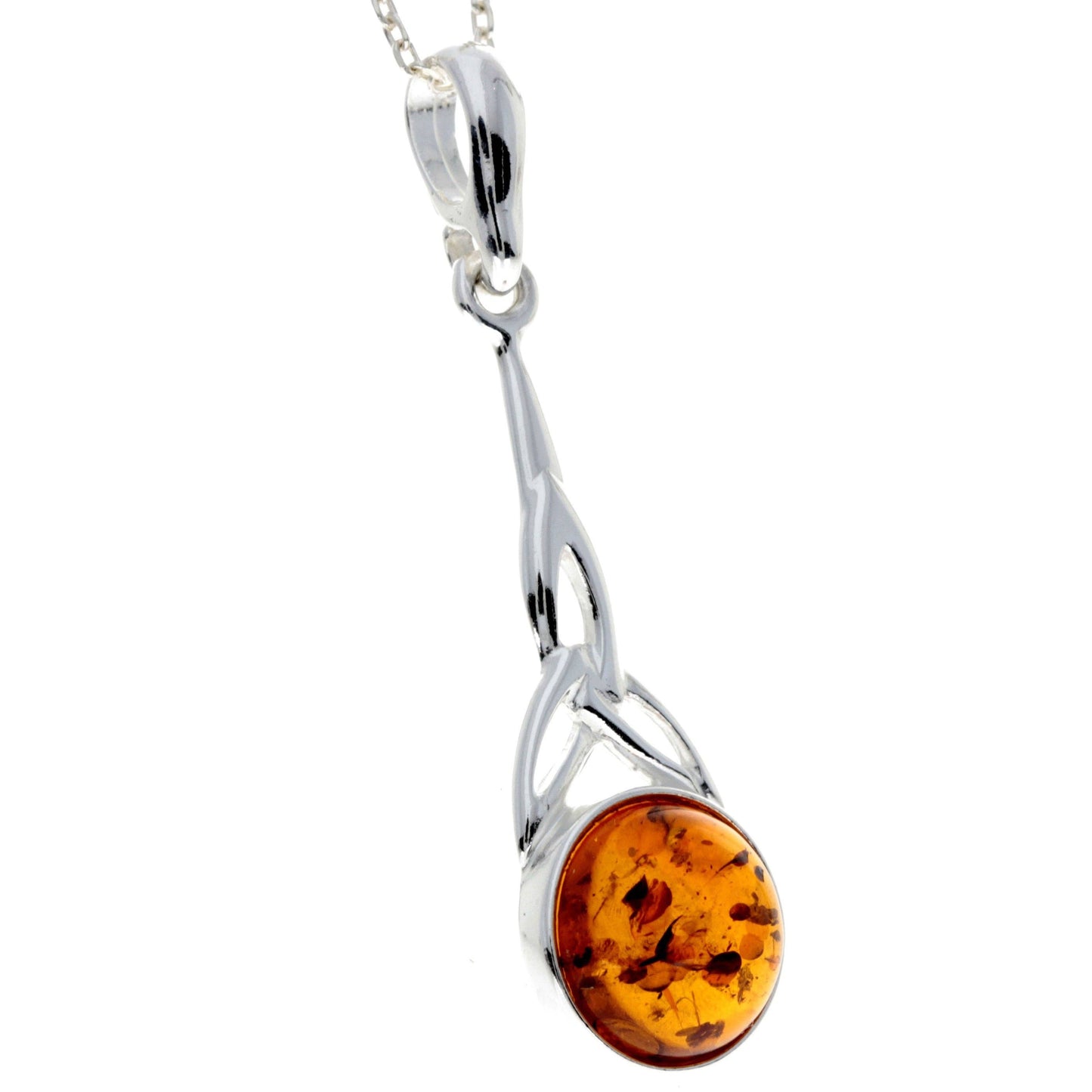 Long  925 Sterling Silver and Round Amber Celtic Pendant