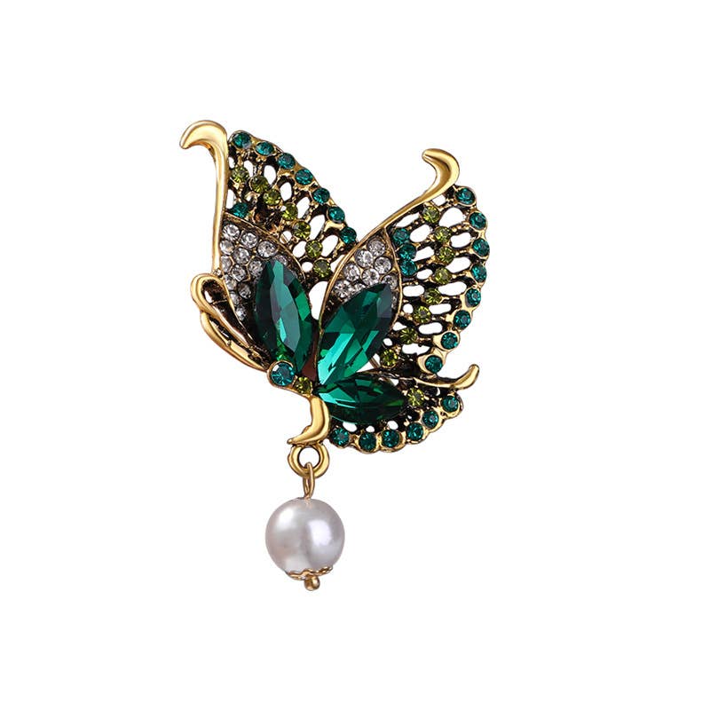 Butterfly Rhinestone Pearl Brooch Pin