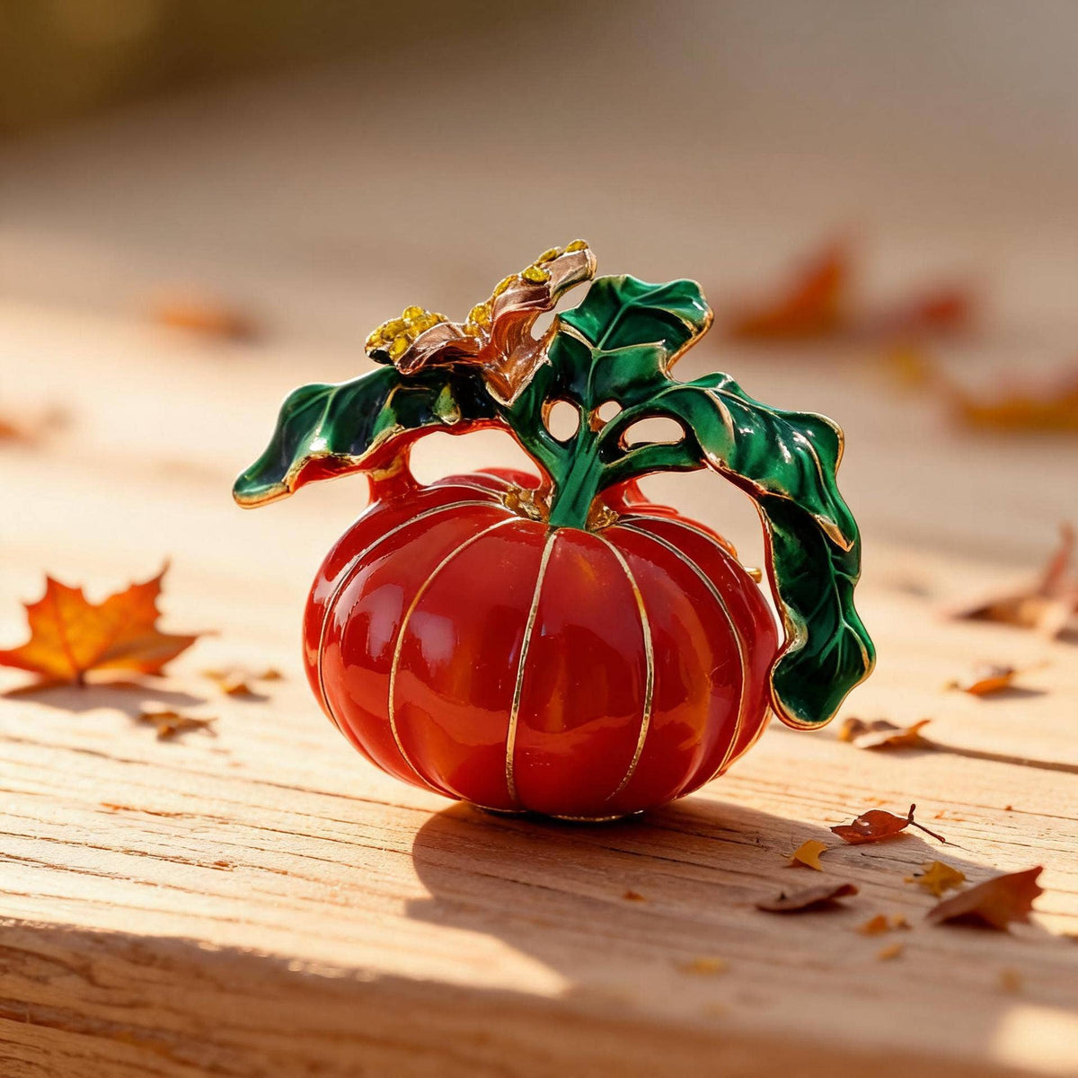 Autumn Botanical Pumpkin Brooch with Leaves & Flower