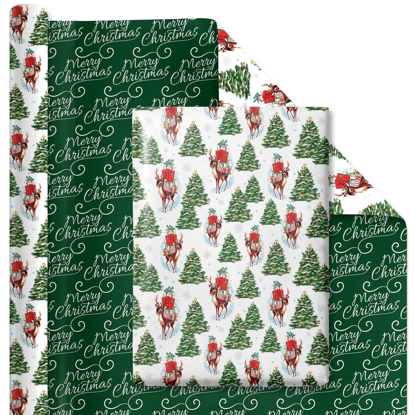 30" x 10' Reversible Holiday Wrapping Paper | Vintage Trees and Deer/Merry Christmas on Green