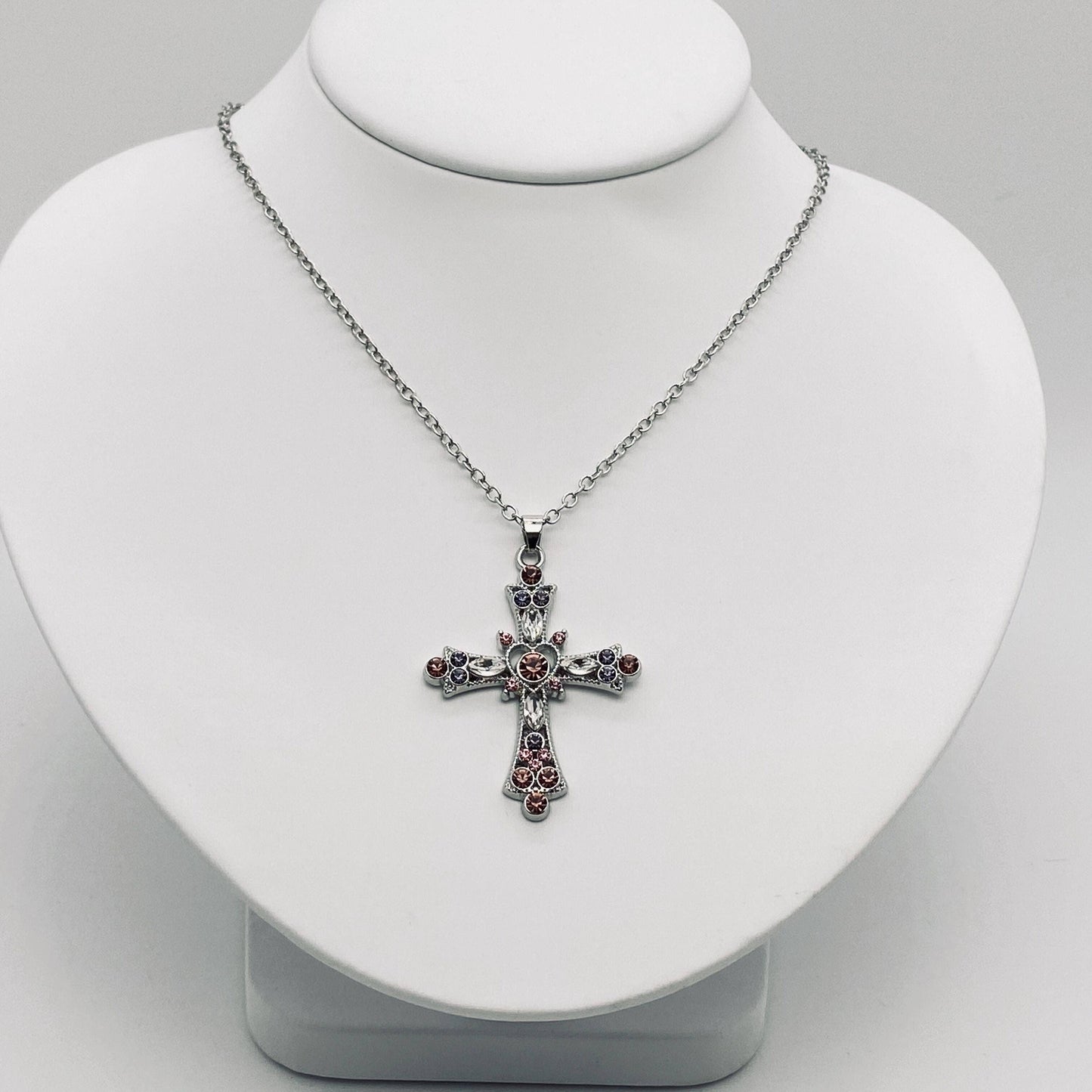 Colorful Rhinestone Cross Pendant Necklace