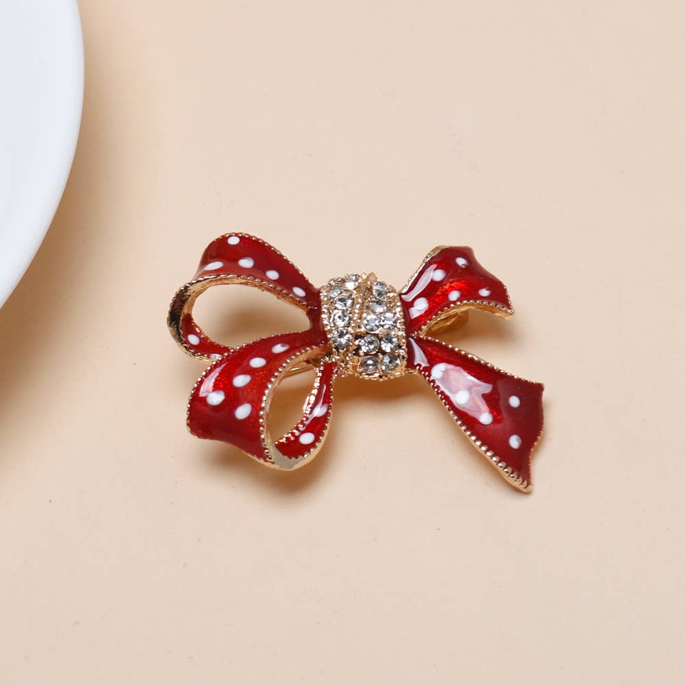 Christmas Bow Brooch, Polka Dot & Plaid Rhinestone Pins
