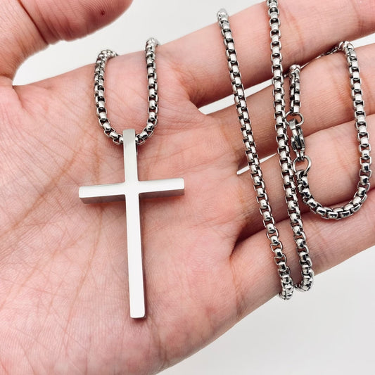 Glossy St Steel Cross Necklace Steel 24"