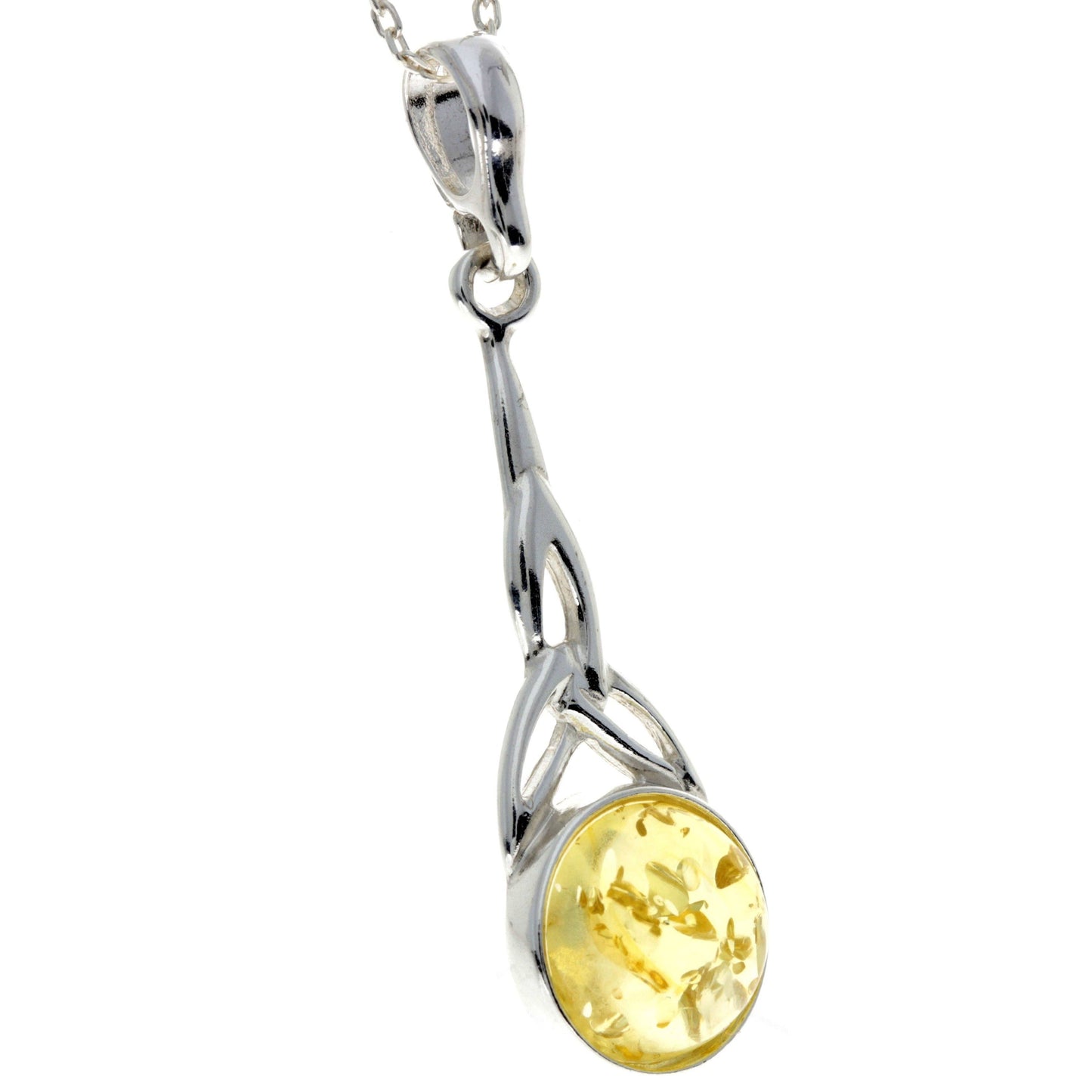 Long  925 Sterling Silver and Round Amber Celtic Pendant