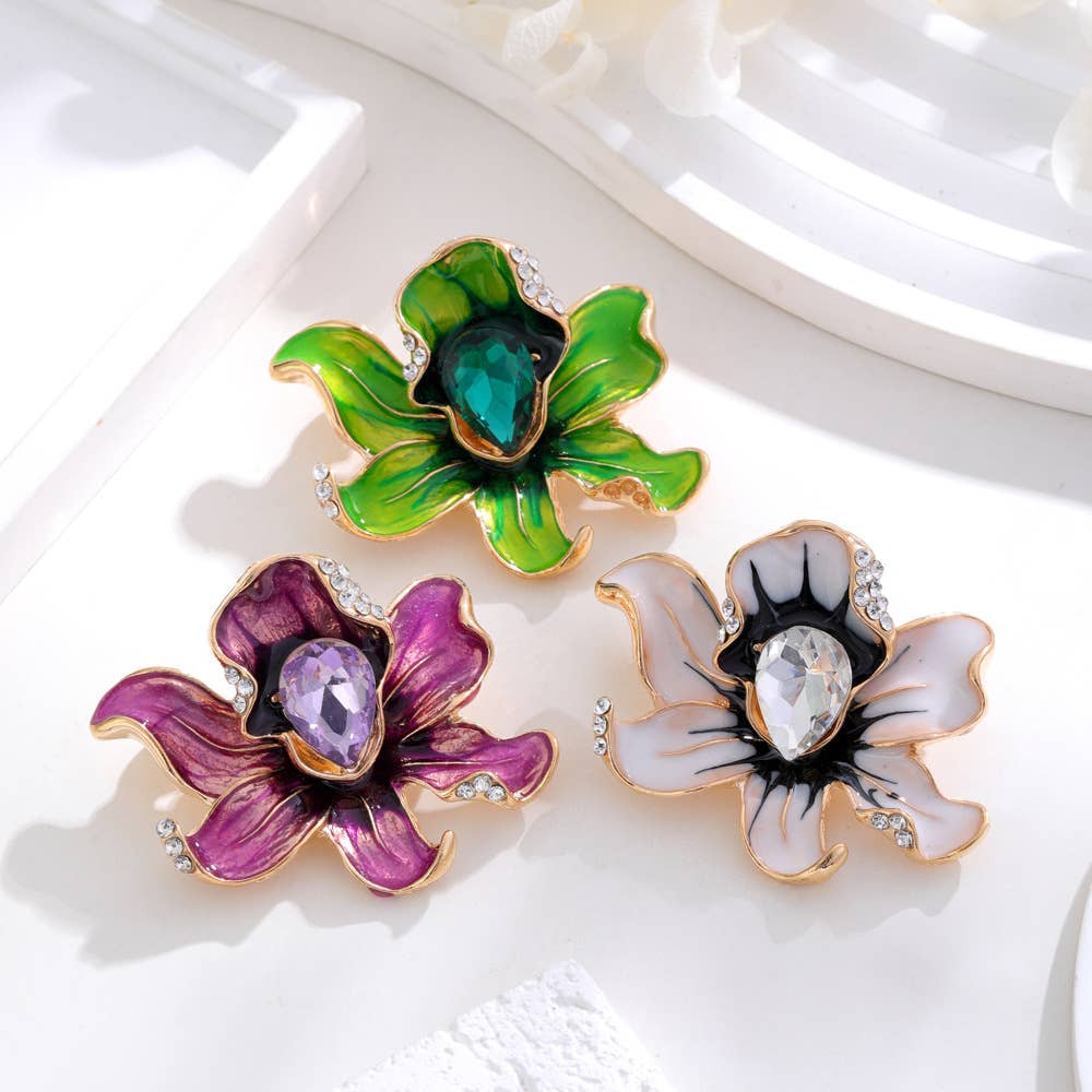 Orchid Flower Rhinestone Enamel Brooch Pin