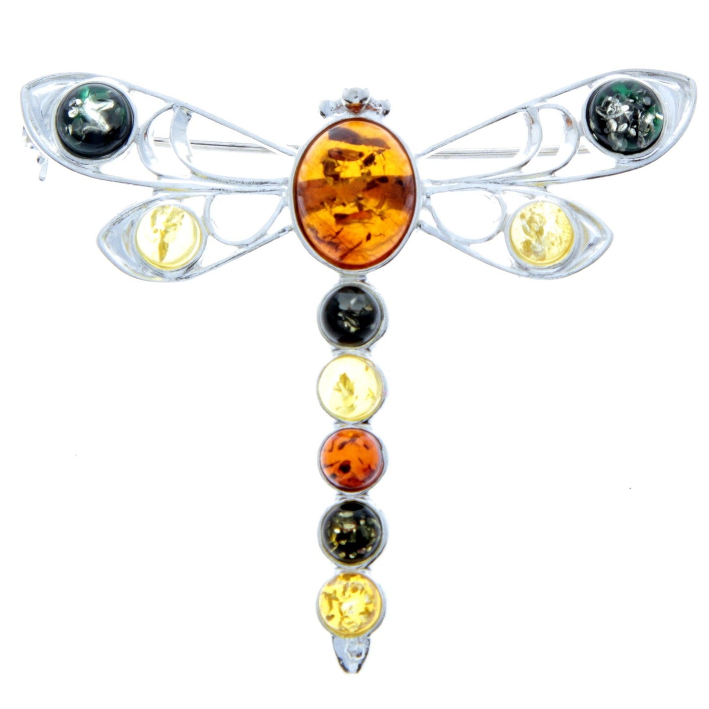 925 Sterling Silver & Baltic Amber Dragonfly Butterfly Brooch
