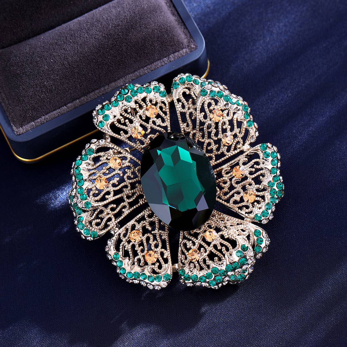 Emerald Crystal Rhinestone Floral Brooch Pin