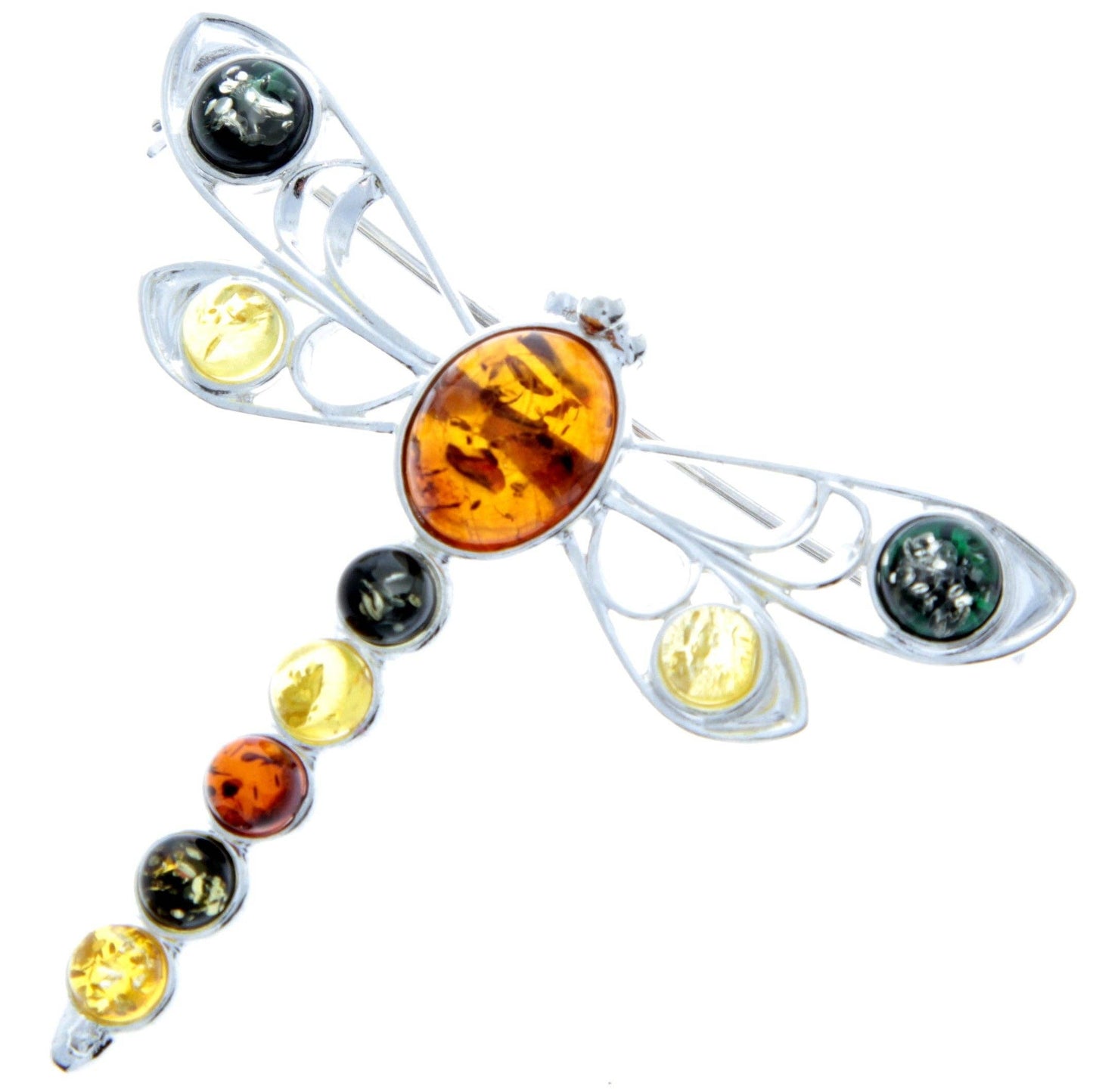 925 Sterling Silver & Baltic Amber Dragonfly Butterfly Brooch