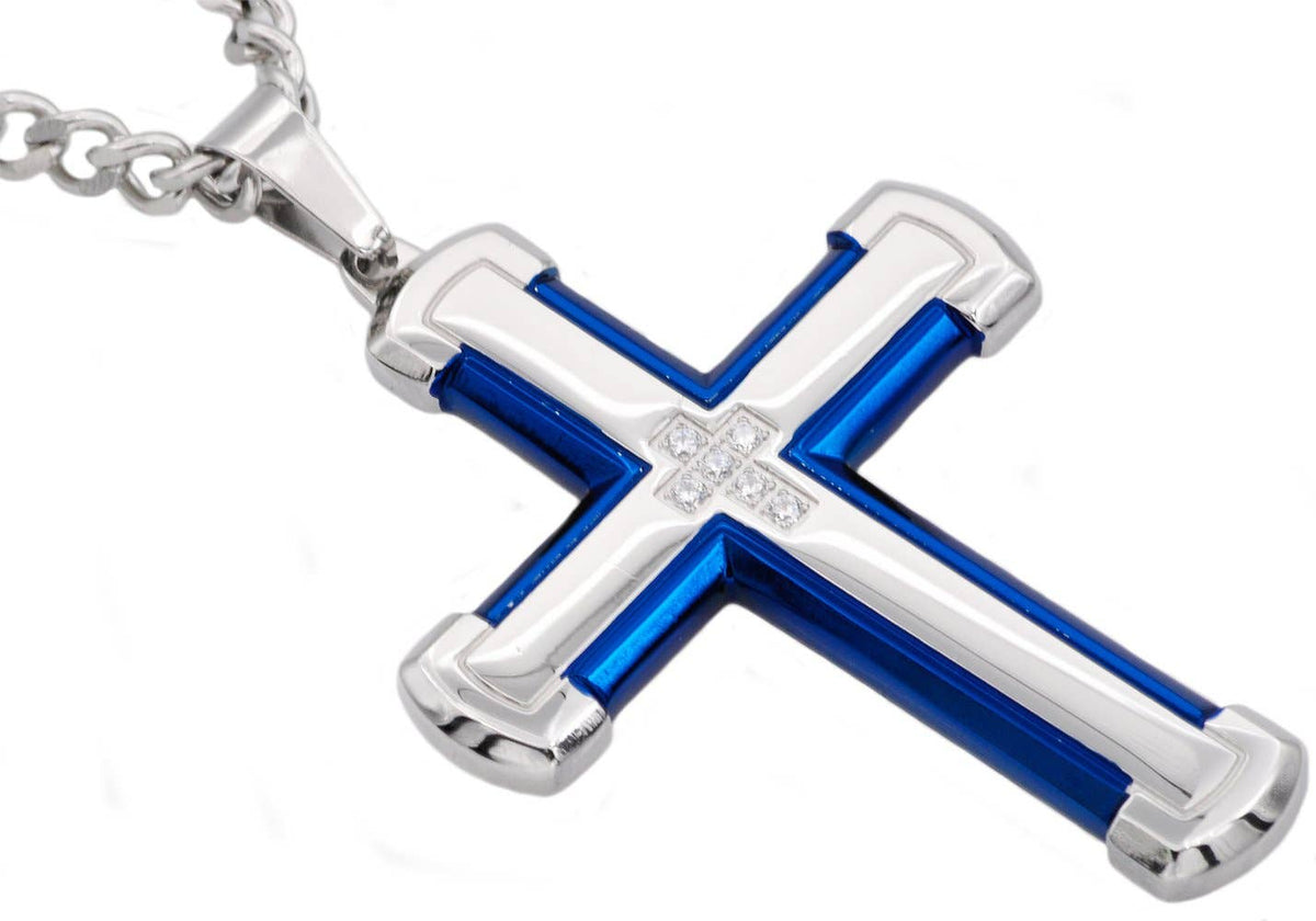 Men's Blue Stainless Steel Cross Pendant With Cubic Zirconia