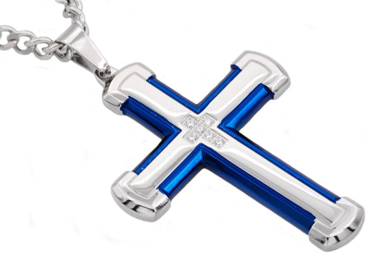 Men's Blue Stainless Steel Cross Pendant With Cubic Zirconia