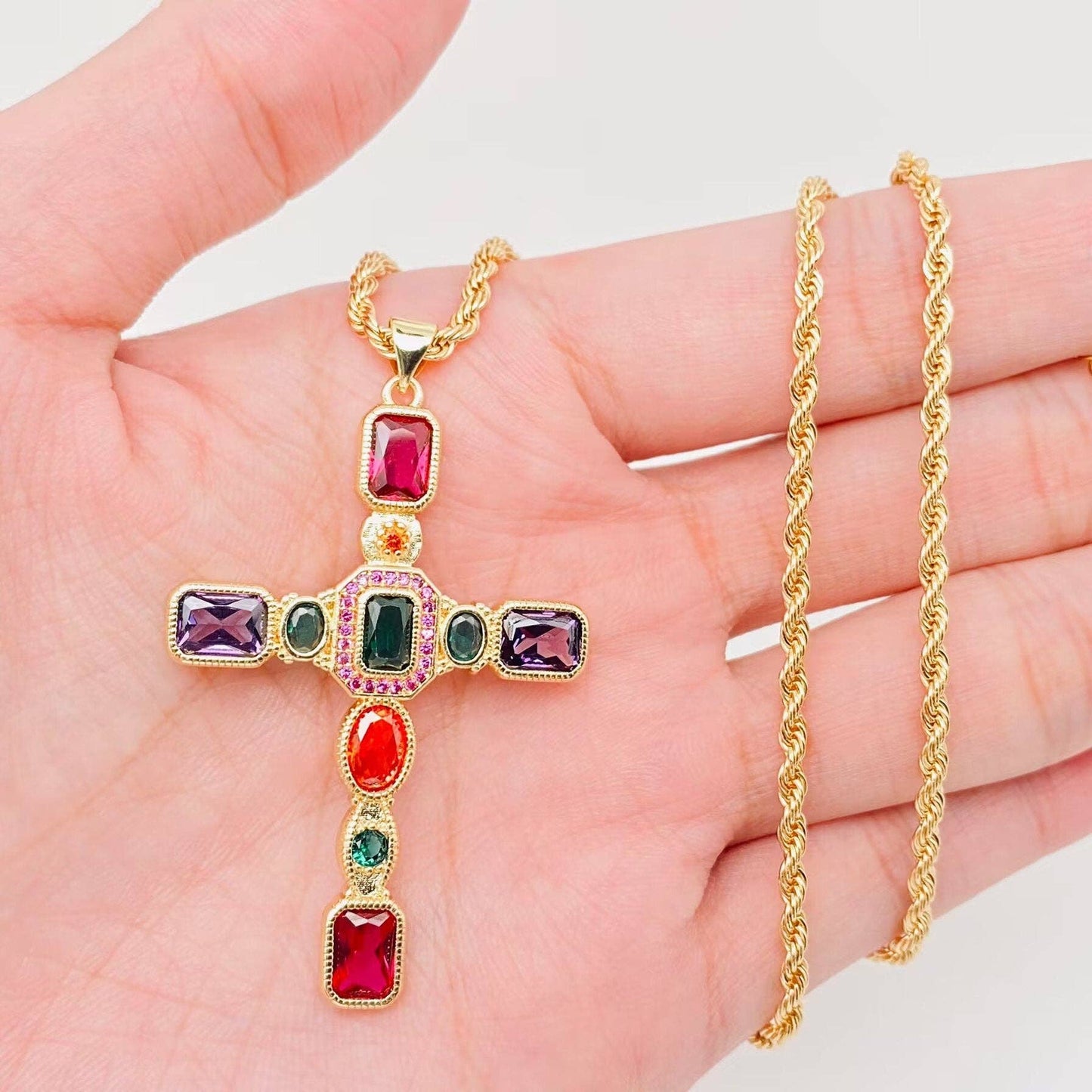 Colored Cubic Zirconia Cross 18KGold Plated Pendant Necklace