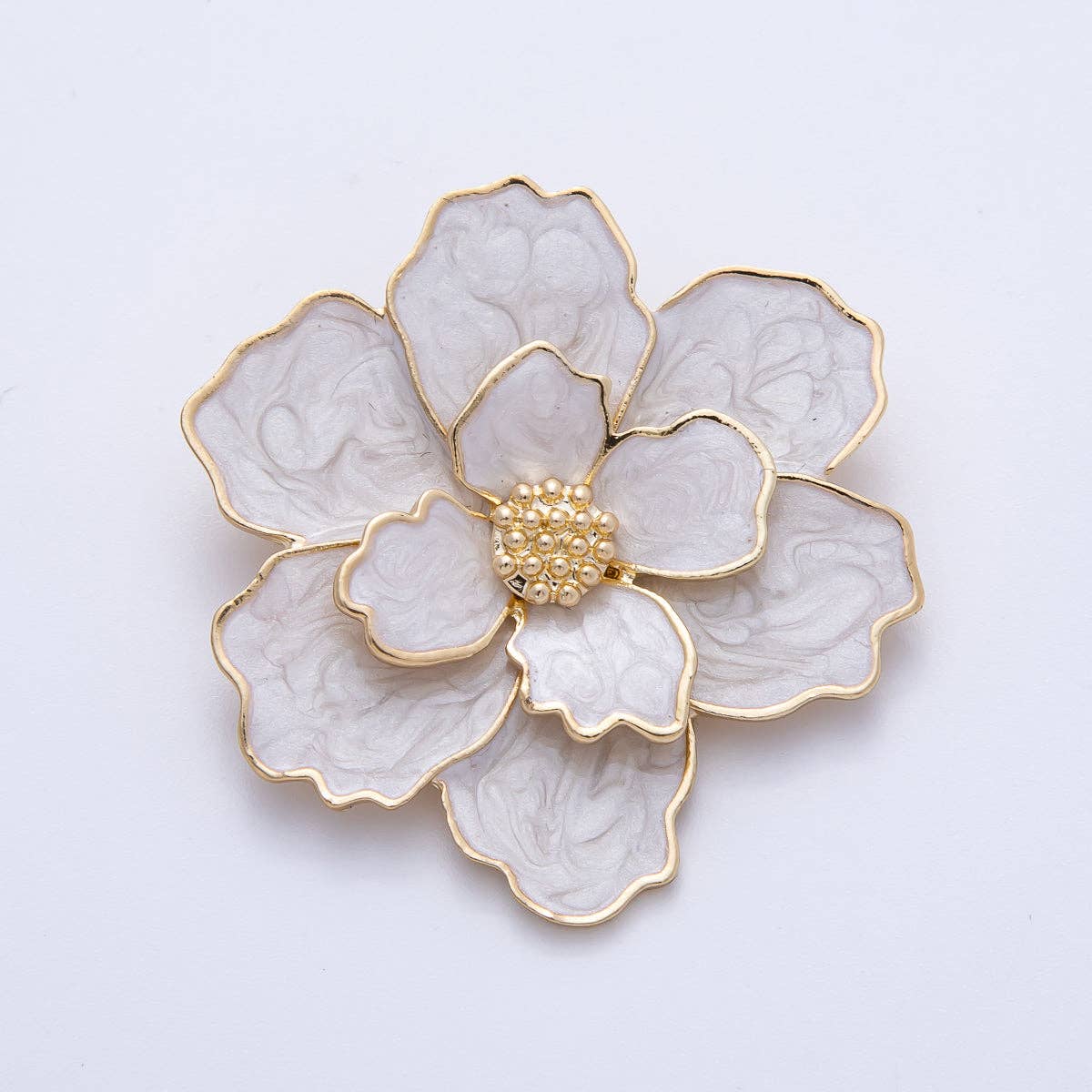 Gold 42mm x 34.5mm White Glitter Enamel Flower Pin Brooch