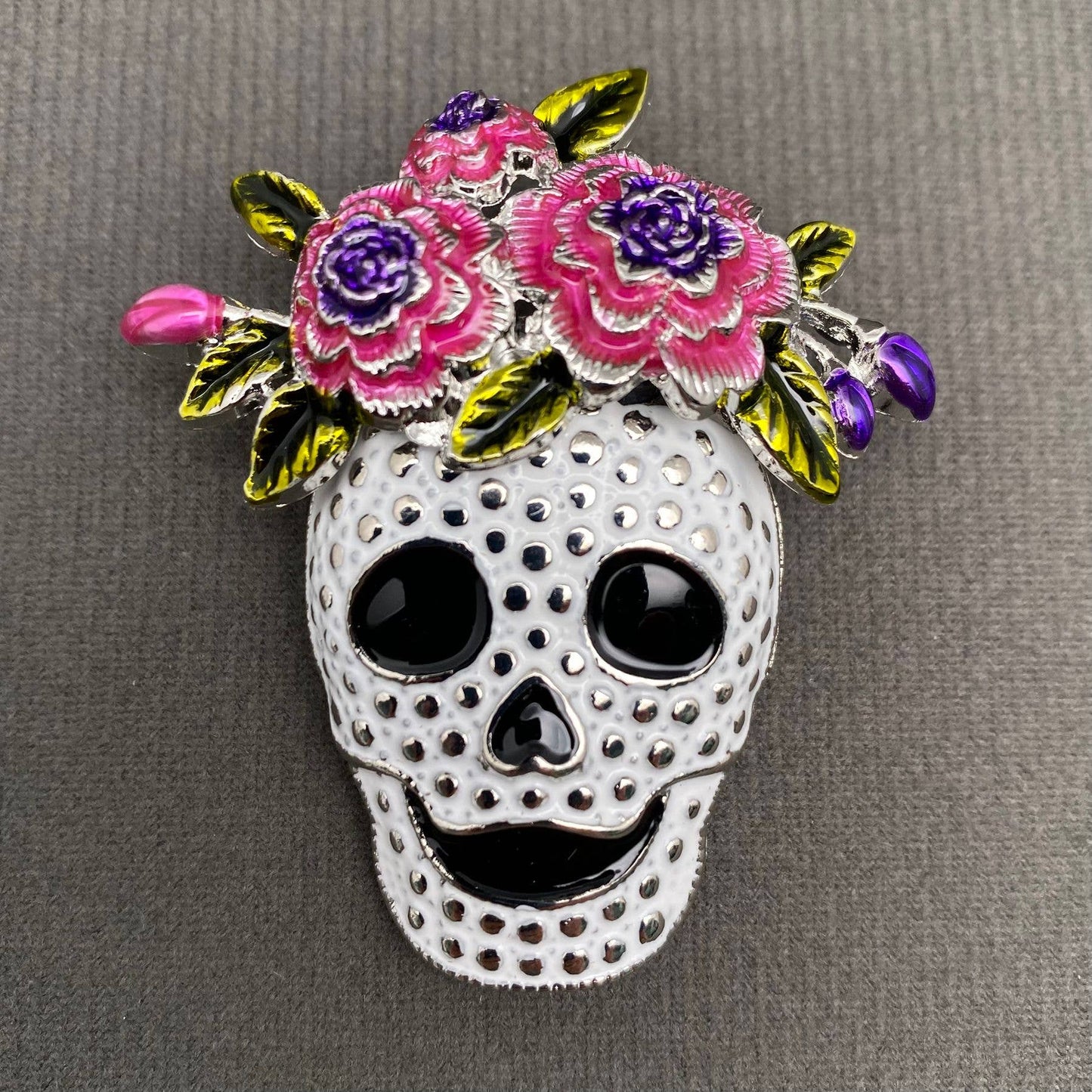 Halloween Skull with Wreath Enamel Brooch