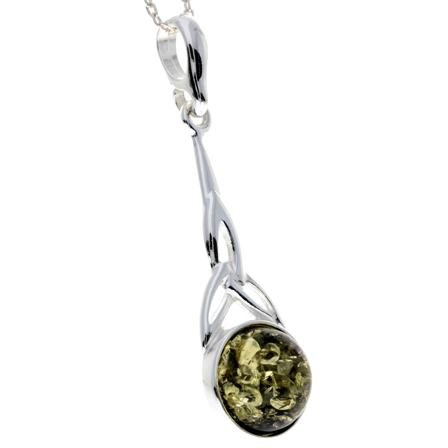 Long  925 Sterling Silver and Round Amber Celtic Pendant