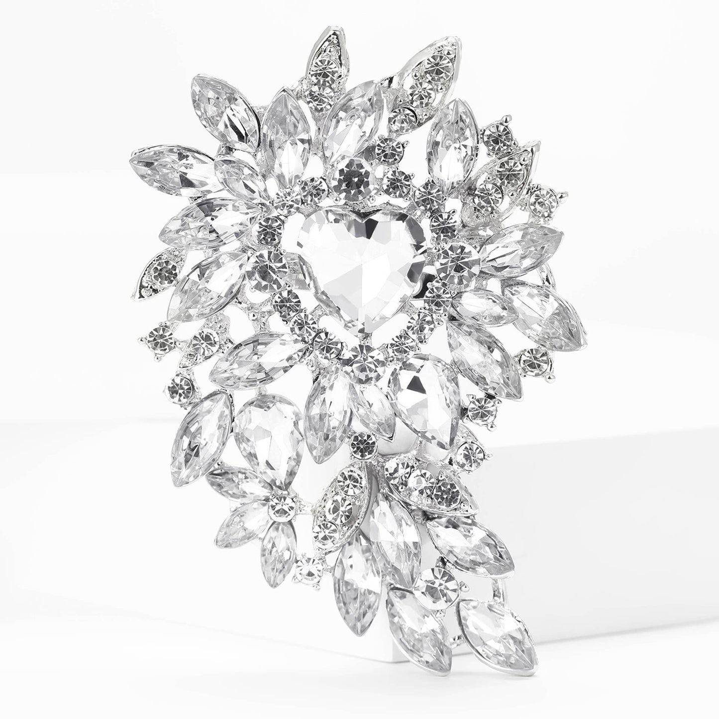 Large Rhinestone Leaf Heart Brooch Pin