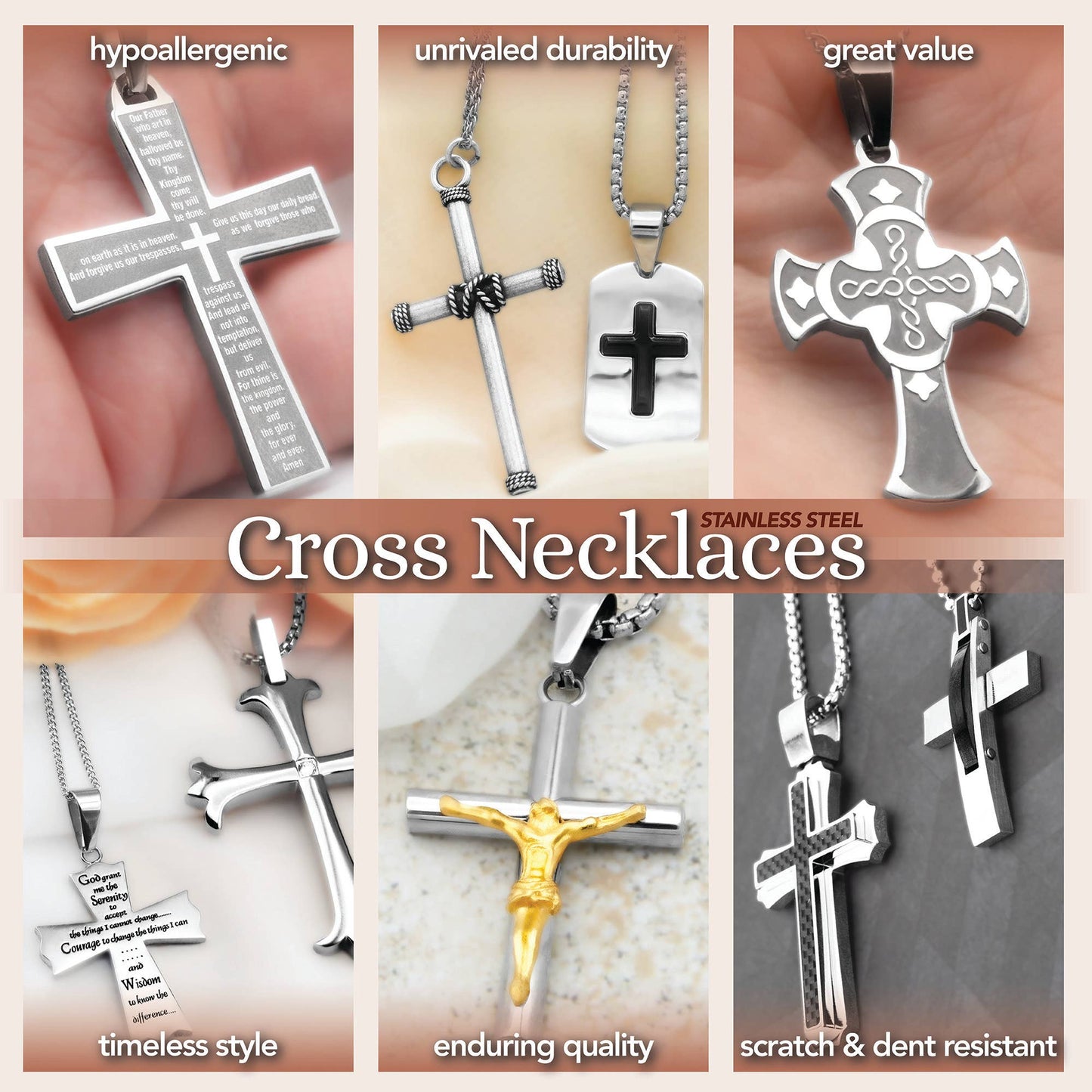 Cross Necklace Stainless Steel and Black Carbon