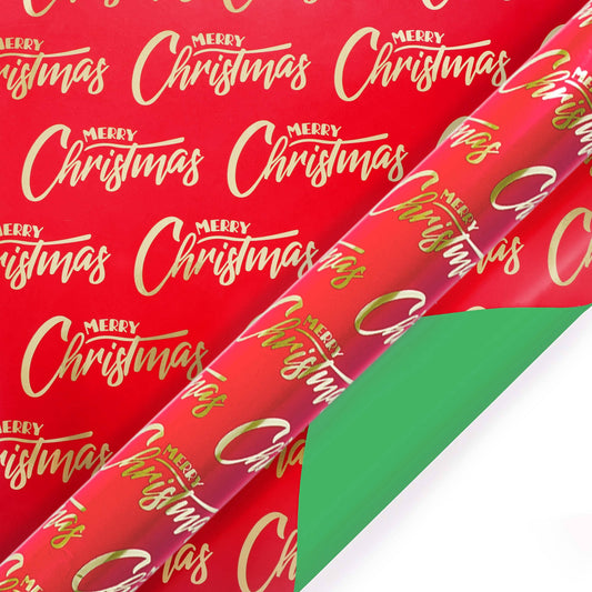 30" x 10' Reversible Holiday Wrapping Paper | Merry Christmas Red and Gold/ Green Solid
