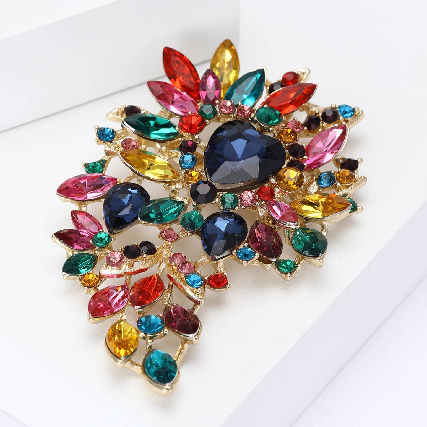 Large Rhinestone Leaf Heart Brooch Pin
