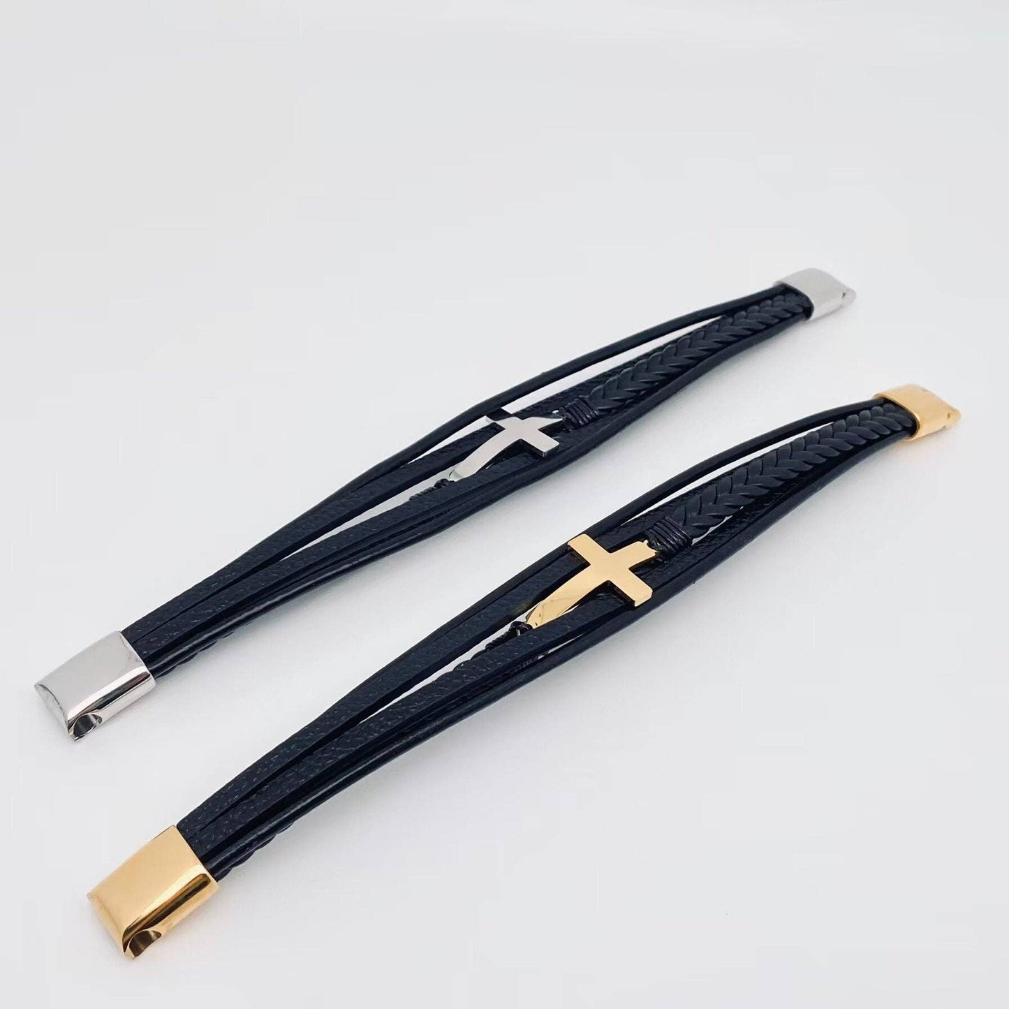 Cross Multi-Layer Woven Leather Bracelet Gold - Sale