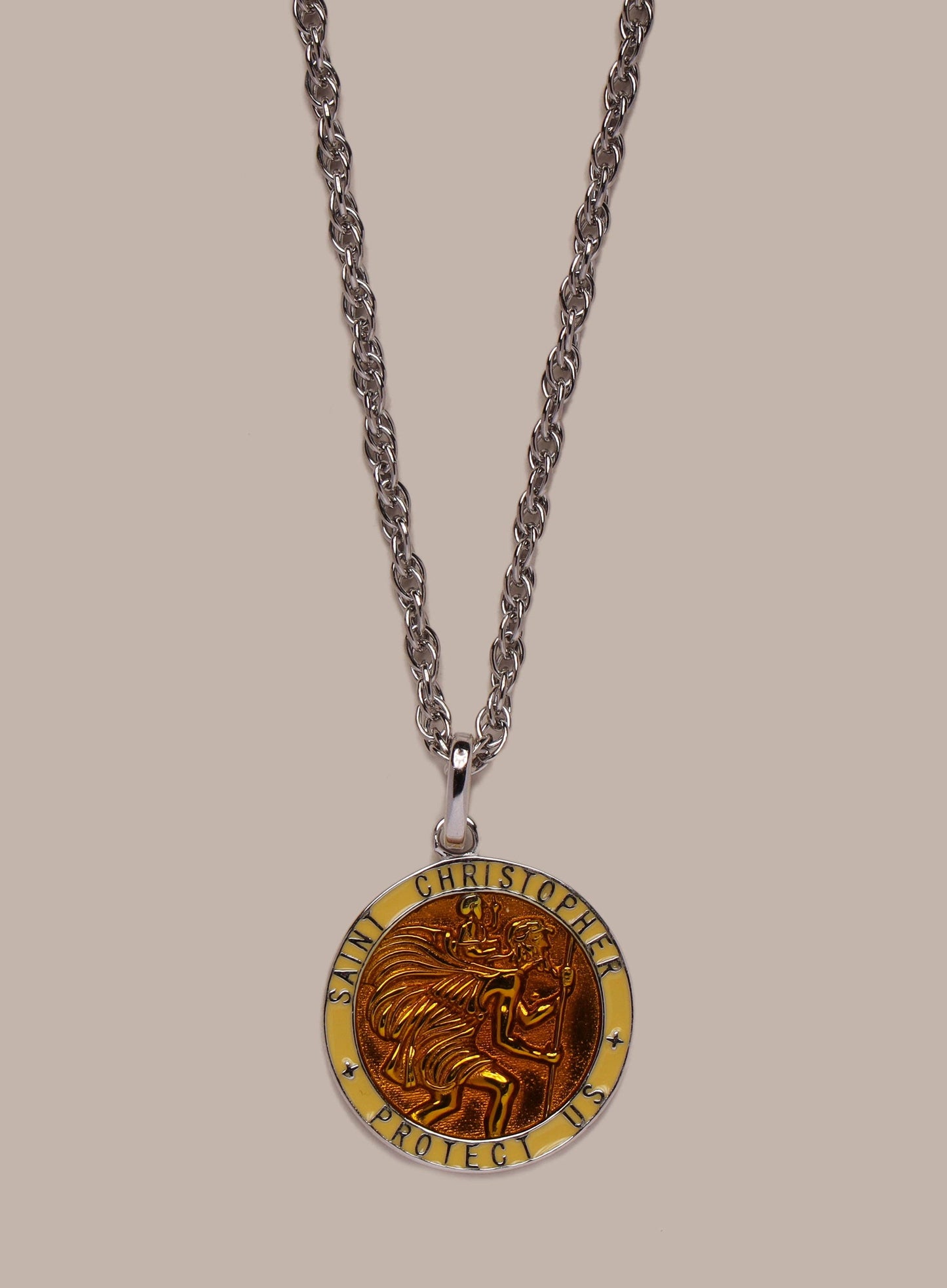 925 Sterling Silver Yellow/Saffron Enamel St Christopher Pendant Necklace