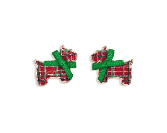 Earrings-Plaid Dog W Green Bow