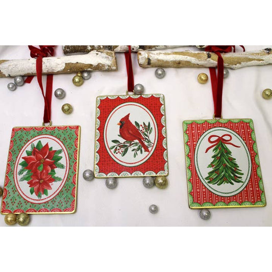5x6" Metal Ornaments, Cardinal, Tree, Poinsettias