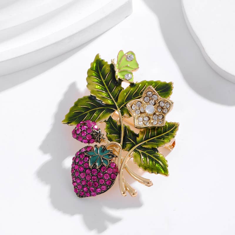 Vintage Enamel Leaf Strawberry Brooch Pin
