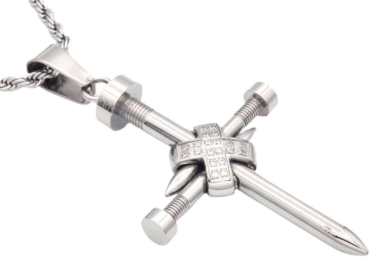 Men's Stainless Steel Nail Cross Pendant With Cubic Zirconia and 24" Rope Chain