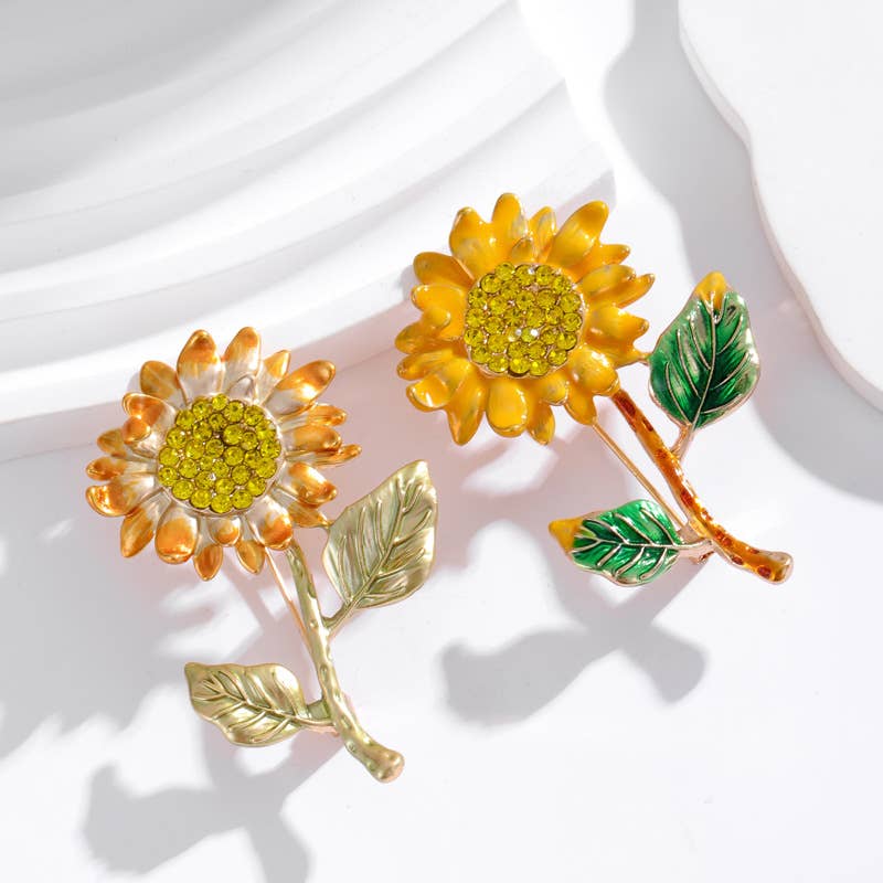 Rhinestone Sunflower Enamel Plant Brooch Pin