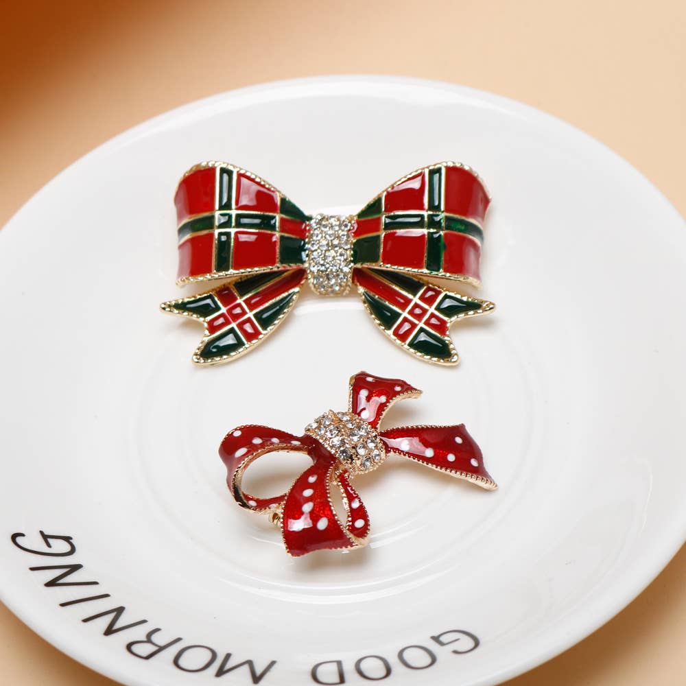 Christmas Bow Brooch, Polka Dot & Plaid Rhinestone Pins