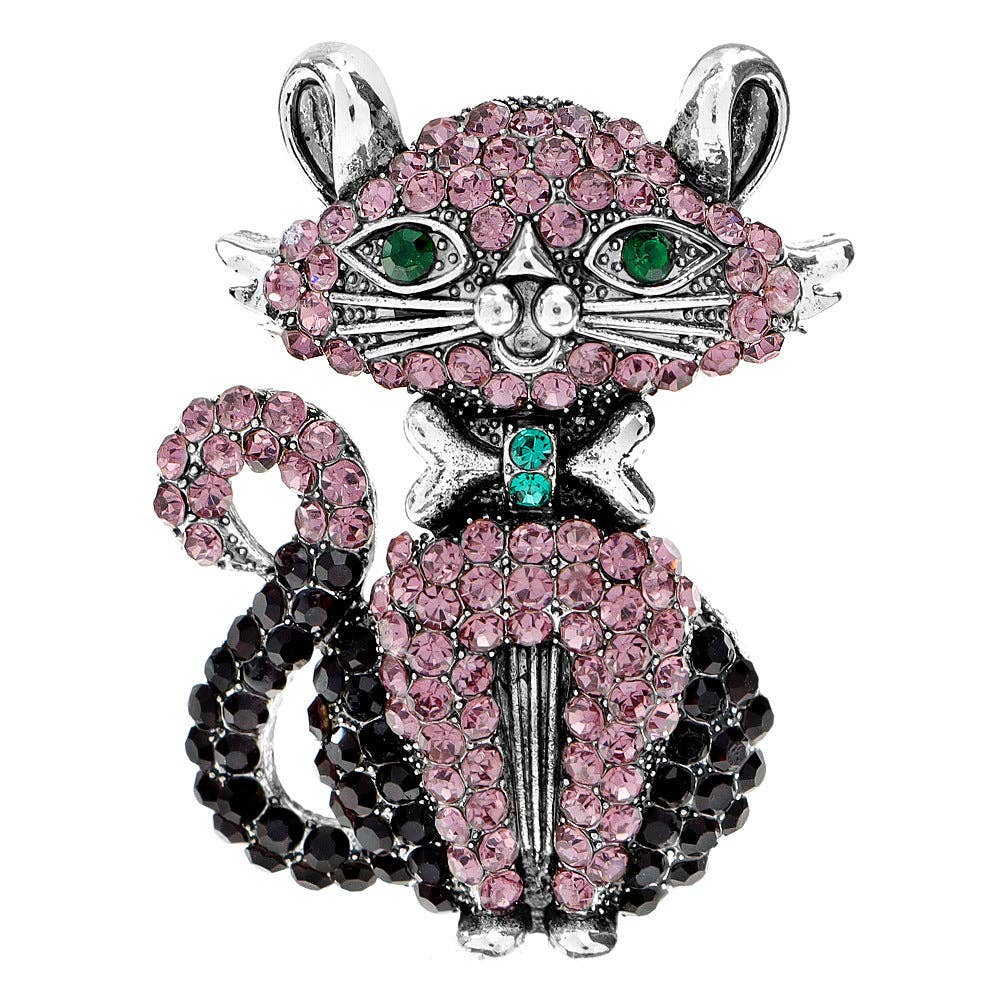 Rhinestone Bowknot Cat Brooch Pin