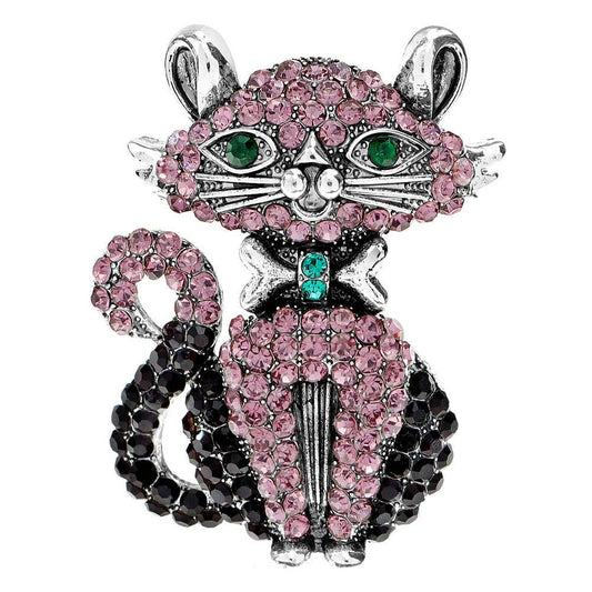 Rhinestone Bowknot Cat Brooch Pin