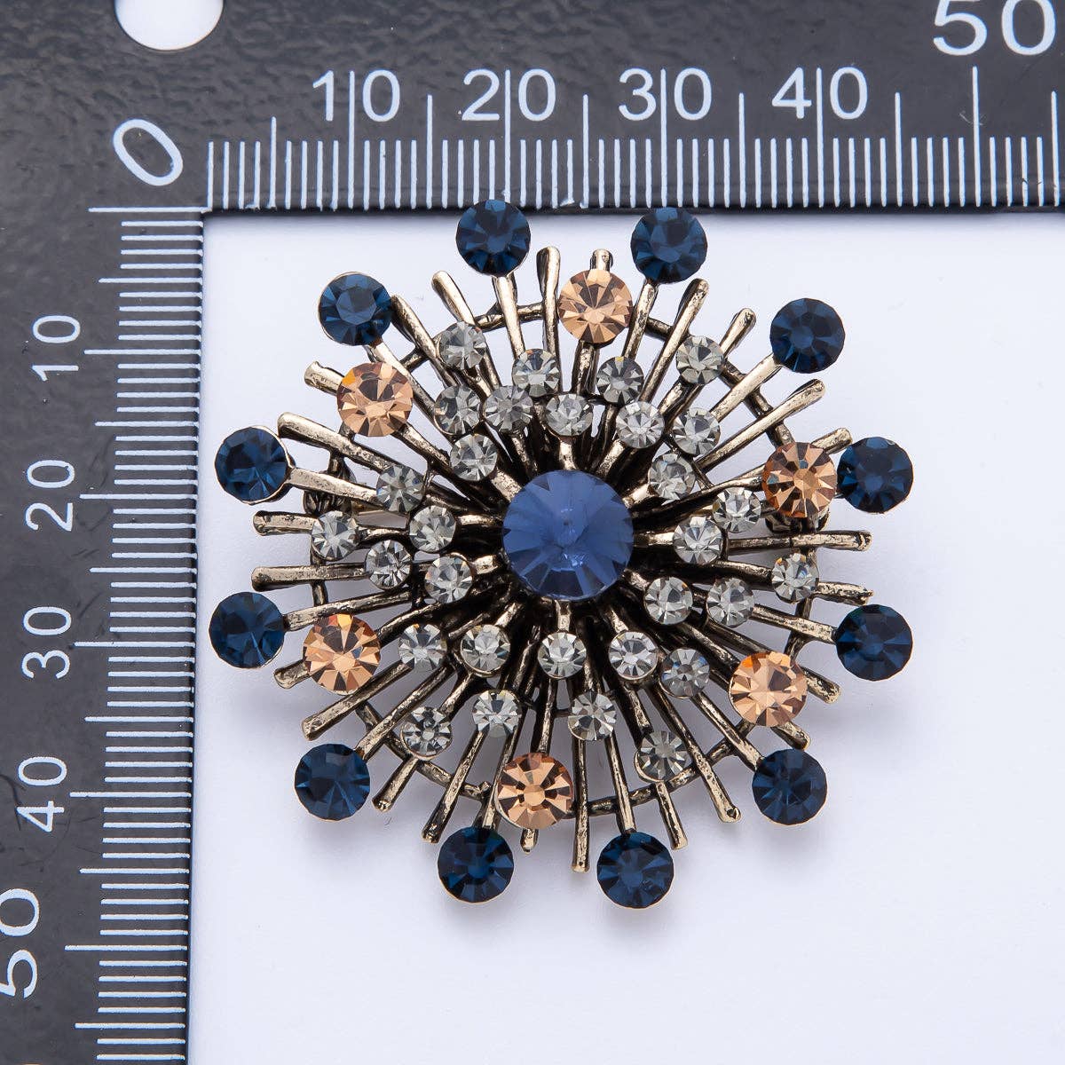 45mm Blue, Black Vintage Antique Sunburst Celestial Brooch Pin