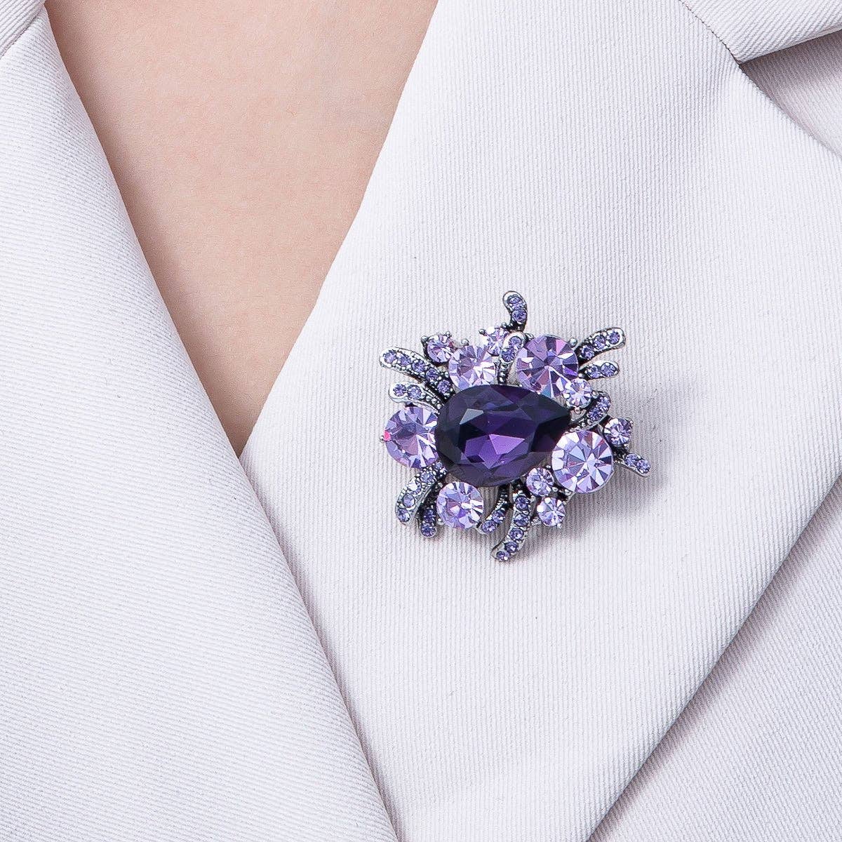 Vintage Antique Silver Brooch Purple Amethyst Crystal Pin