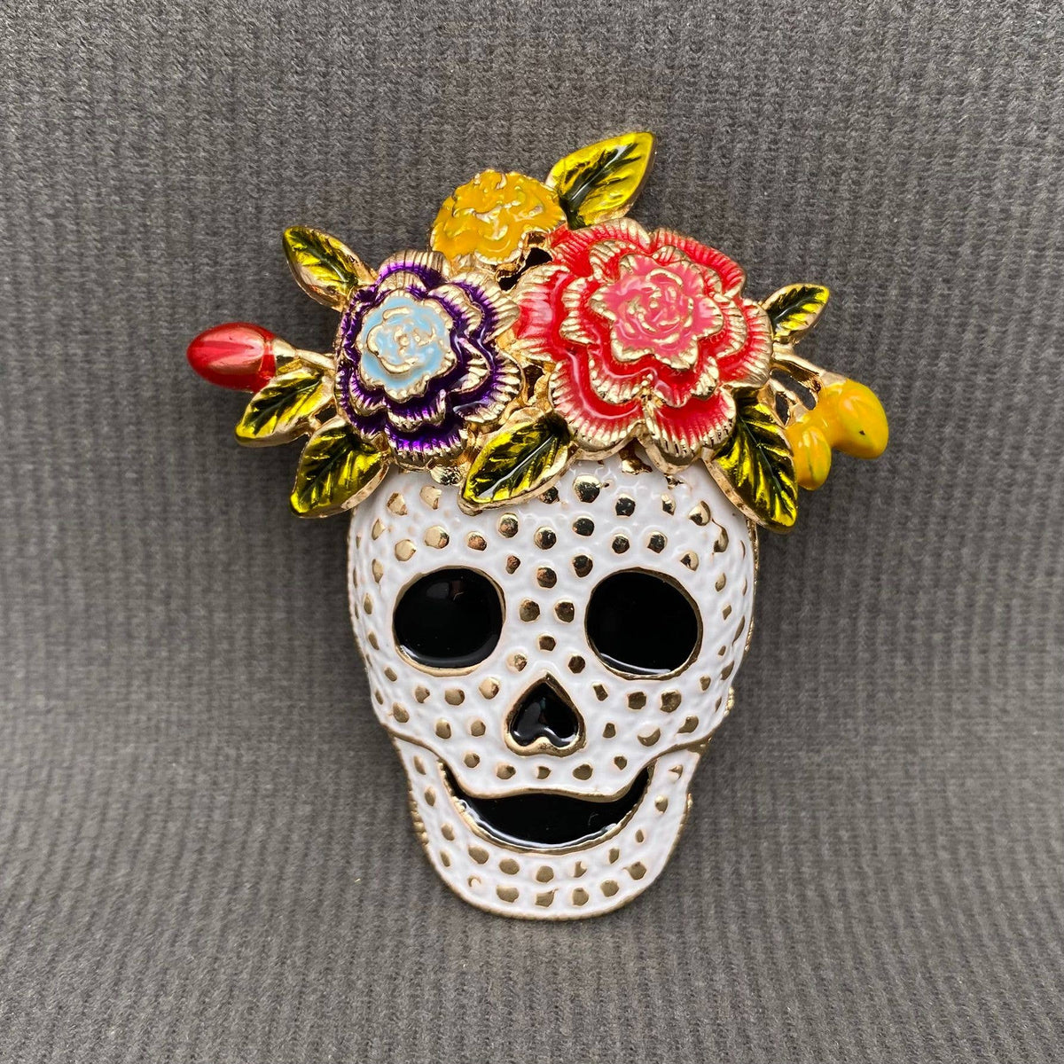 Halloween Skull with Wreath Enamel Brooch