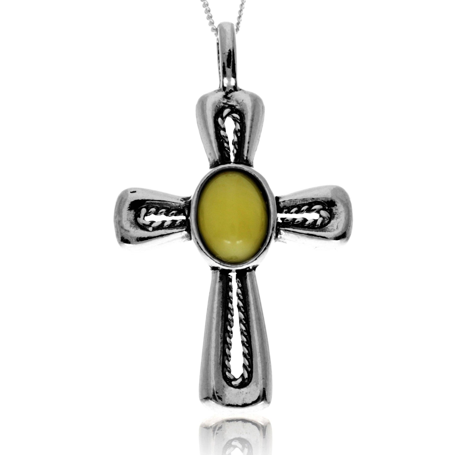 925 Steling Silver & Genuine Baltic Amber Celtic Cross Pendant