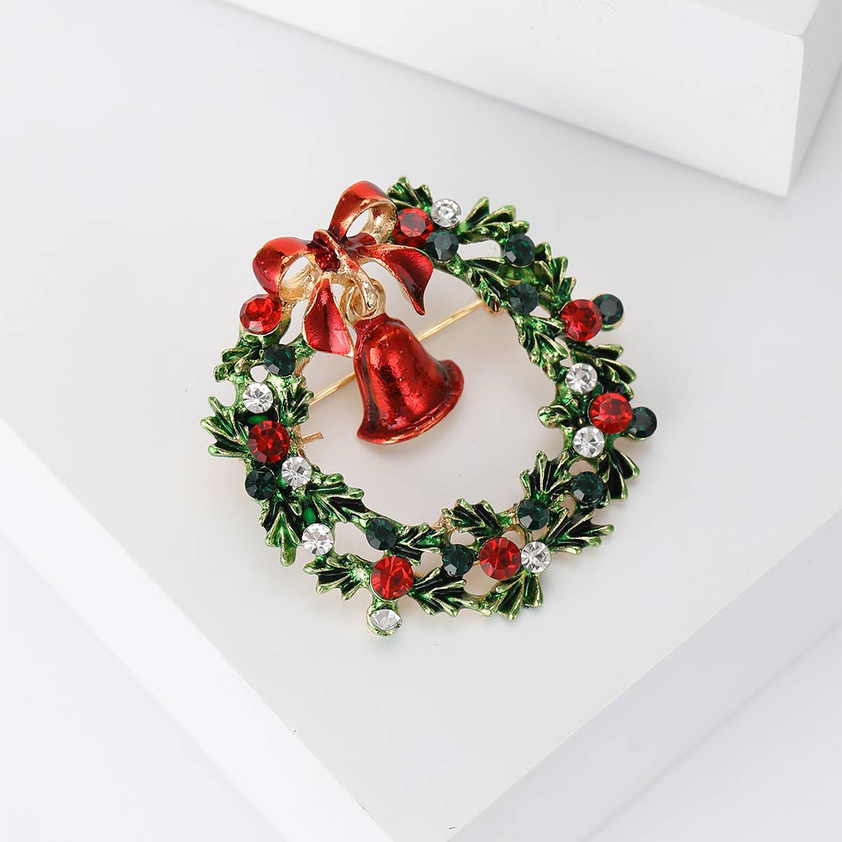 Rhinestone Christmas Wreath Brooch with Bell & Bow
