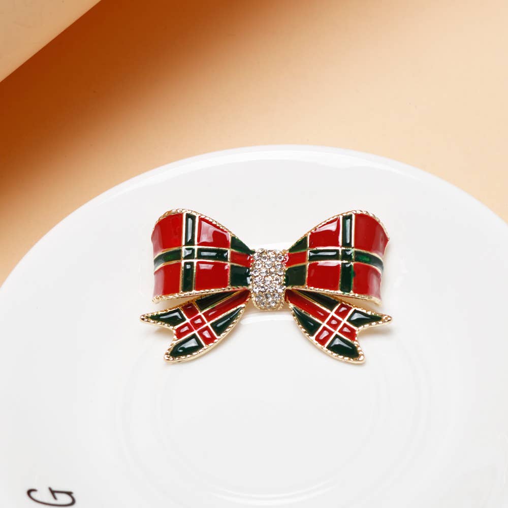 Christmas Bow Brooch, Polka Dot & Plaid Rhinestone Pins