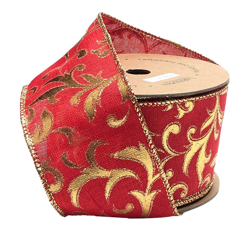 2 1/2" Wired Ribbon | "Metallic Brocade" Red/Gold | 10 Yards Sale