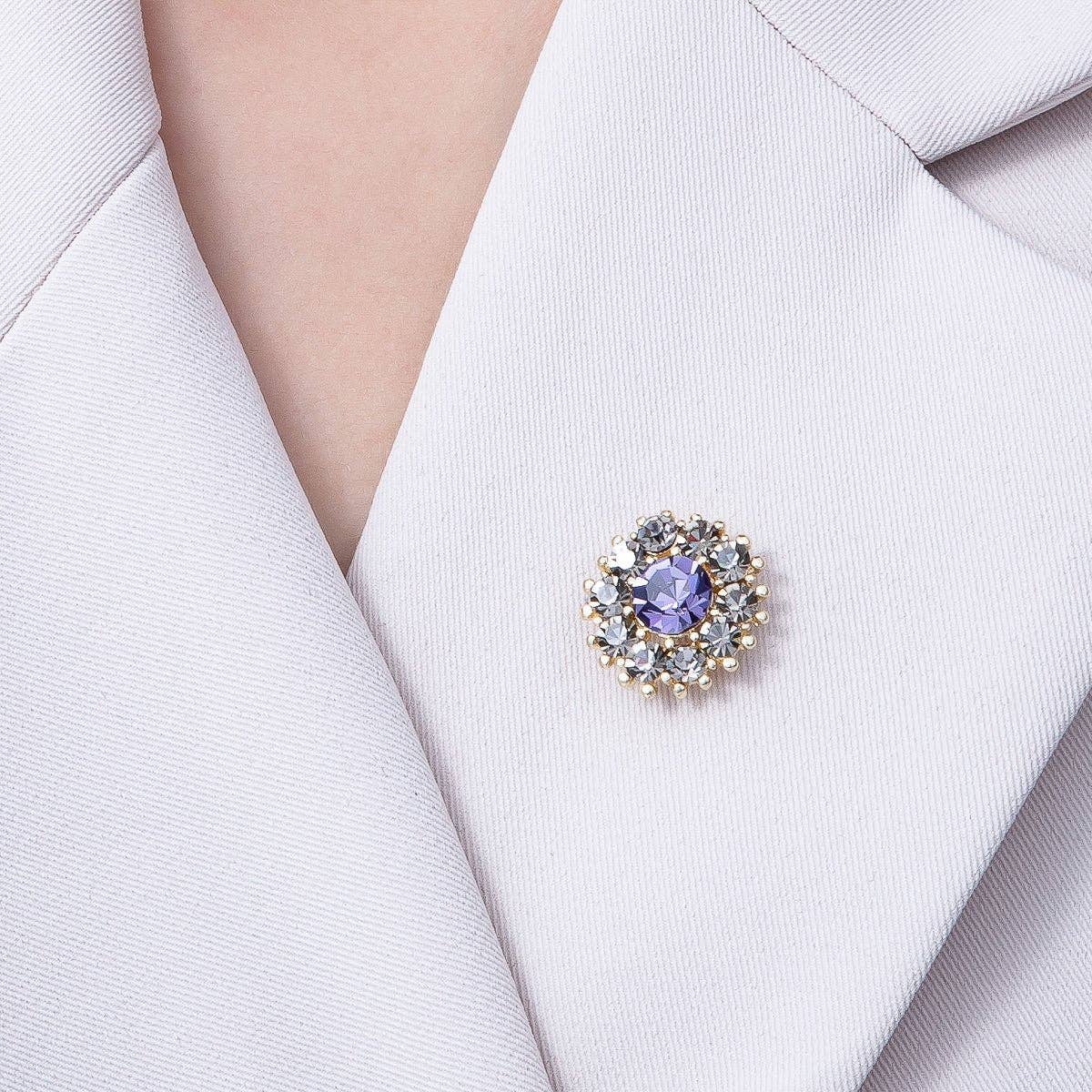 Gold 19mm Dark Rhinestone Round Pin Brooch
