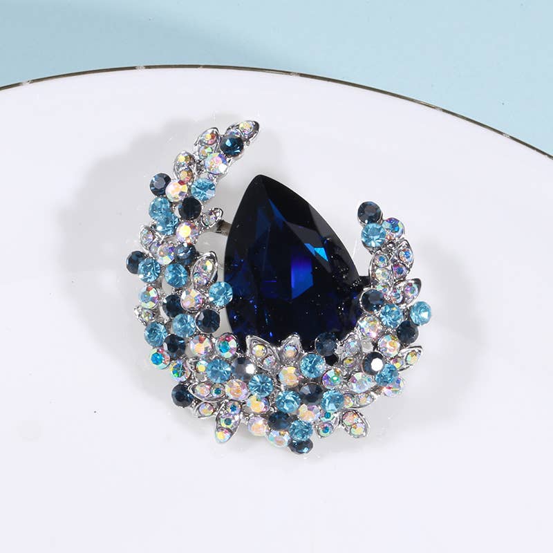 Rhinestone Jewel Flower Crescent Moon Brooch Pin