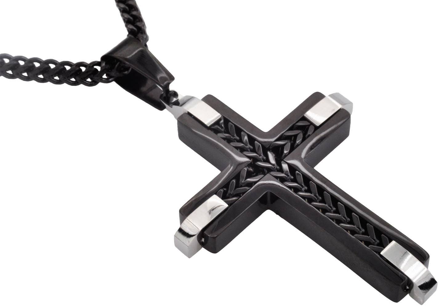 Black Stainless Steel Cross Pendant Necklace With Franco Link Chain Inlay Sale