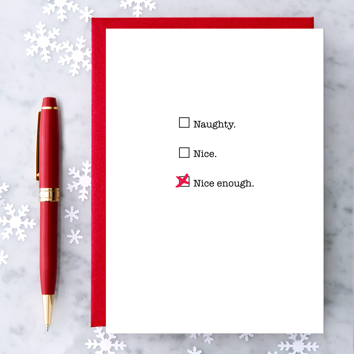"Naughty. Nice. Nice enough." Christmas Card 
